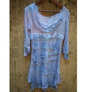 Tempo Paris Light Blue Layered Fringe Hem Tunic Dress Women’s Size L
